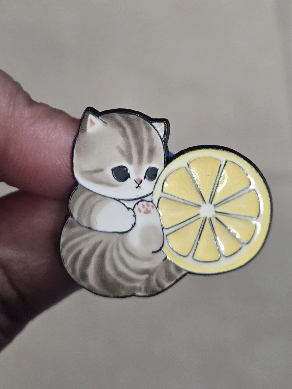 Cute Gray Cat Enamel Pin with Yellow Lemon